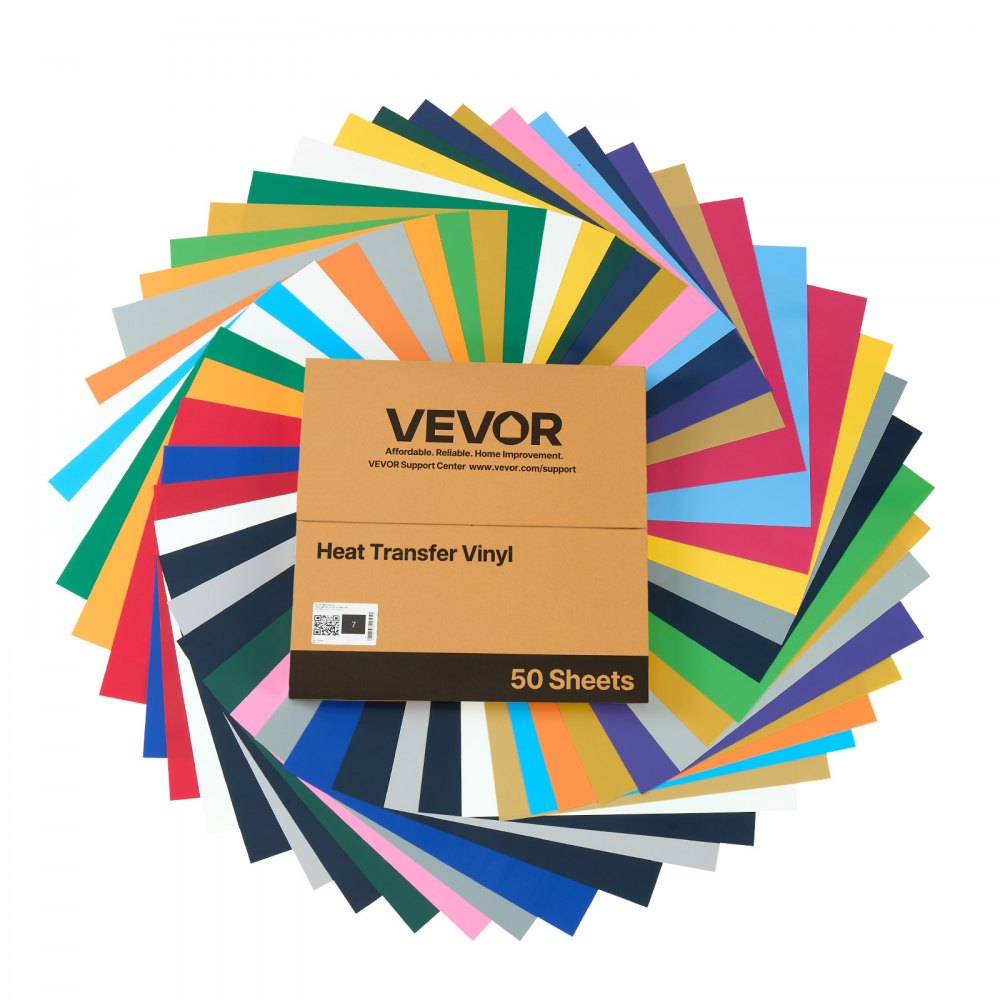 VEVOR Heat Transfer Vinyl, 50 Pack, 12 x 12 in, Assorted Colors HTV Iron on Vinyl Bundle, Easy to Cut and Weed, with Accessories, Compatible with Cutting Machines, for Various Materials, T-shirts