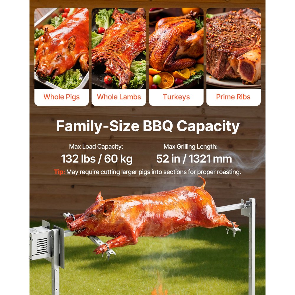 VEVOR Rotisserie Grill, AC120V 8 Level Height Electric Rotisserie Grill Kit, BBQ Grills Rotisseries Kit with 132 lbs Load Capacity, 38W Motor, Stainless Steel Automatic Grilling Kits for Parties