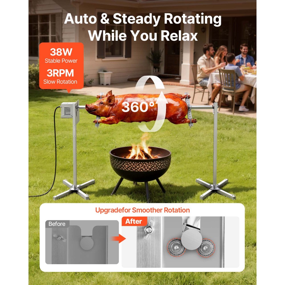 VEVOR Rotisserie Grill AC120V 8 Level Height Electric Rotisserie Grill Kit, BBQ Grills Rotisseries Kit with 88 lbs Load Capacity, 38W Motor, Stainless Steel Automatic Grilling Kits for Parties