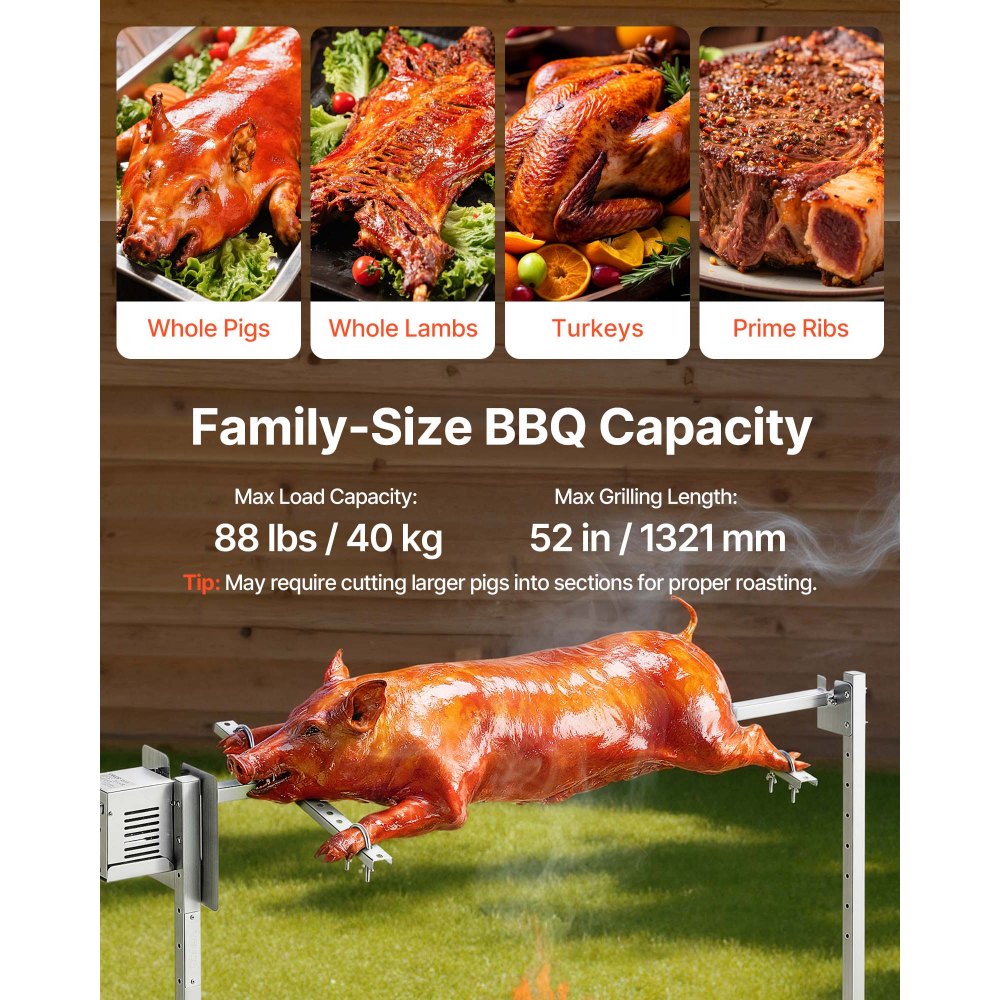 VEVOR Rotisserie Grill AC120V 8 Level Height Electric Rotisserie Grill Kit, BBQ Grills Rotisseries Kit with 88 lbs Load Capacity, 38W Motor, Stainless Steel Automatic Grilling Kits for Parties