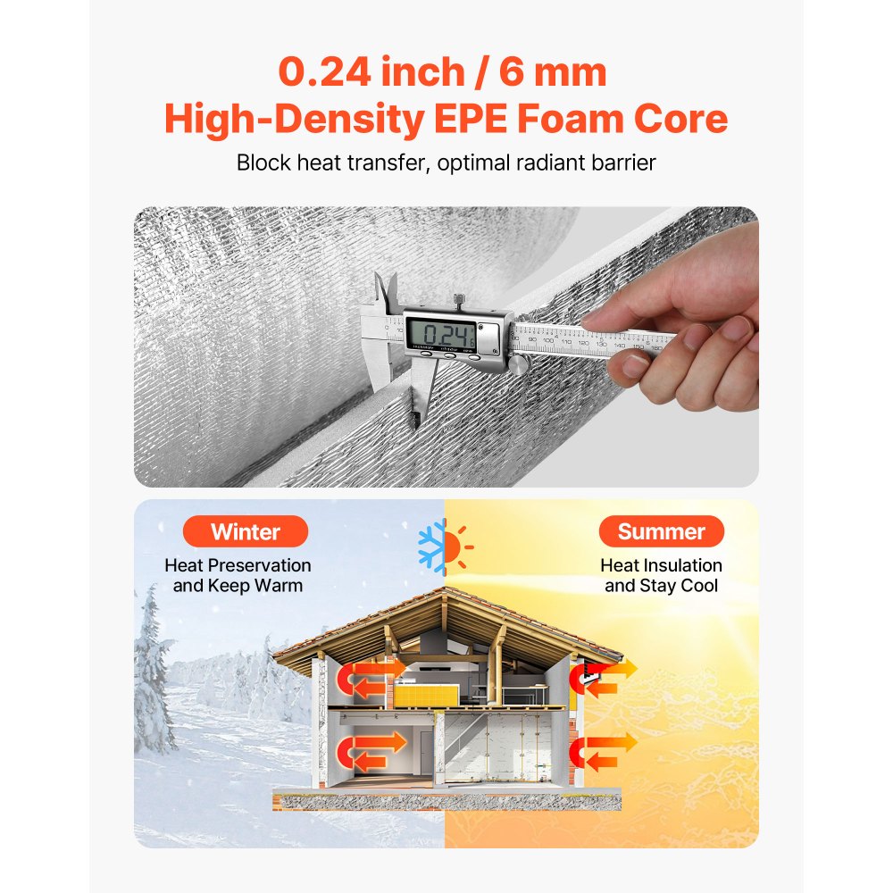 VEVOR Reflective Insulation Roll, 2 Car Garage Door Thermal Insulation Kit, 6mm 24 in x 18 ft, 4 Rolls Aluminum Foil EPE Foam Core Radiant Barrier, White PE Film Heat Shield for Garage Doors