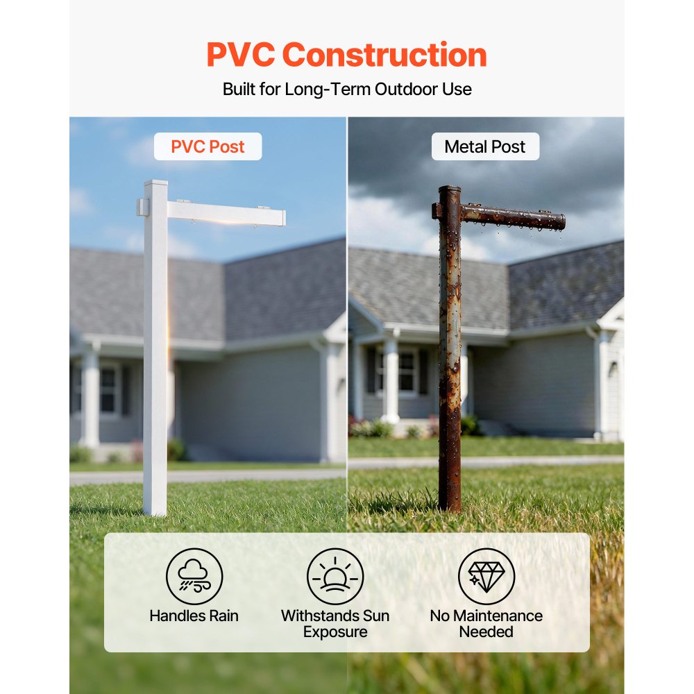 VEVOR Real Estate Sign Post, 6 ft Tall, PVC Realtor Yard Sign Holder with 36 in Arm Holds up to 24 in, Easy to Install, Wind-Resistant, for Open House and Home, Yard, Road, Outdoor, White (No Signs)