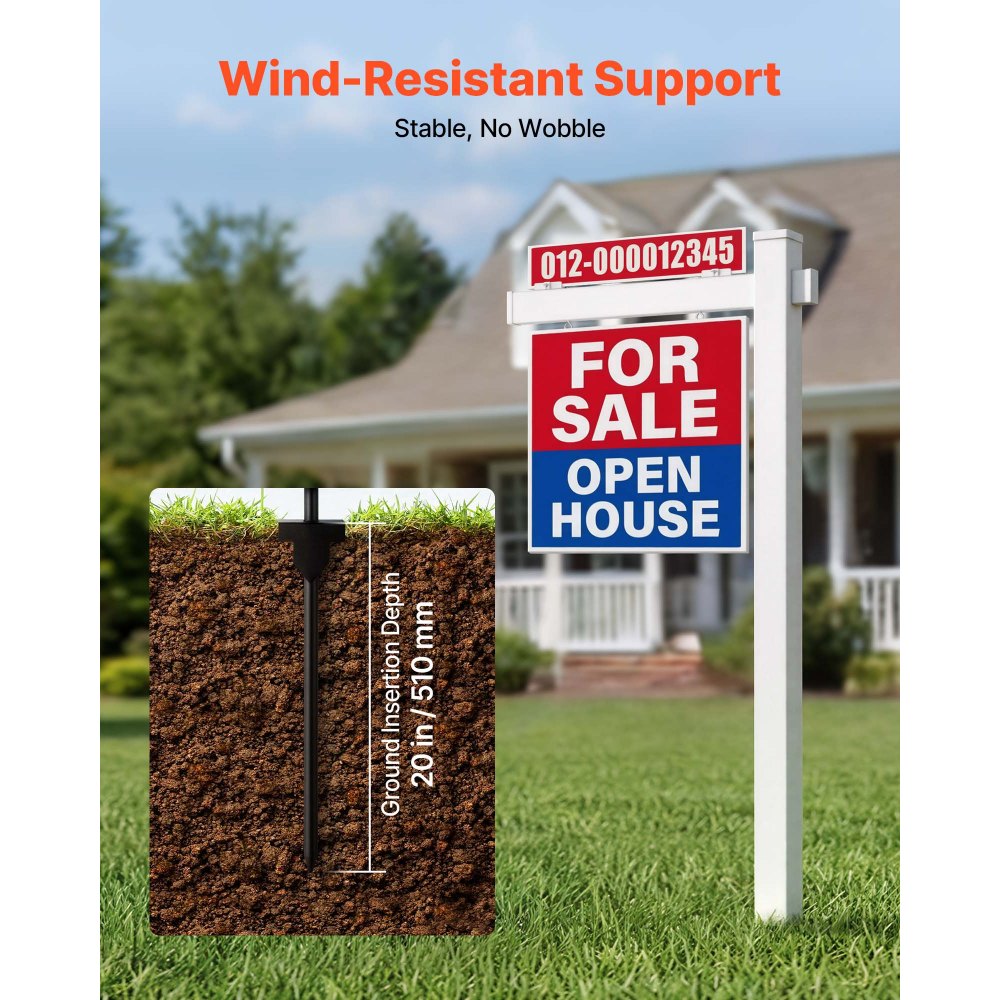 VEVOR Real Estate Sign Post, 2-Pack, 6 ft Tall, PVC Realtor Yard Sign Holder with 36 in Arm Holds up to 24 in, Easy to Install, Wind-Resistant, for Open House and Home, Yard, Road, White (No Signs)