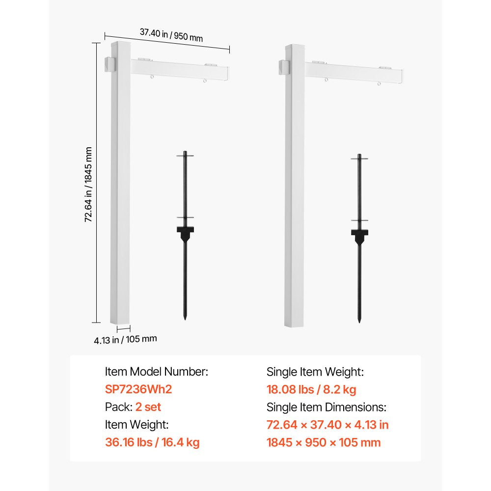 VEVOR Real Estate Sign Post, 2-Pack, 6 ft Tall, PVC Realtor Yard Sign Holder with 36 in Arm Holds up to 24 in, Easy to Install, Wind-Resistant, for Open House and Home, Yard, Road, White (No Signs)