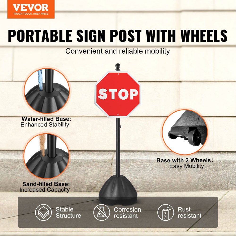 VEVOR Portable Sign Post 2-Pack 5 ft Sign Stands with Hard Plastic Base, for No Parking Street Signs, Handicap Parking Sign, Movable Sign Stand with Wheels, Hardwares, Heavy-Duty Q235 Steel, Black