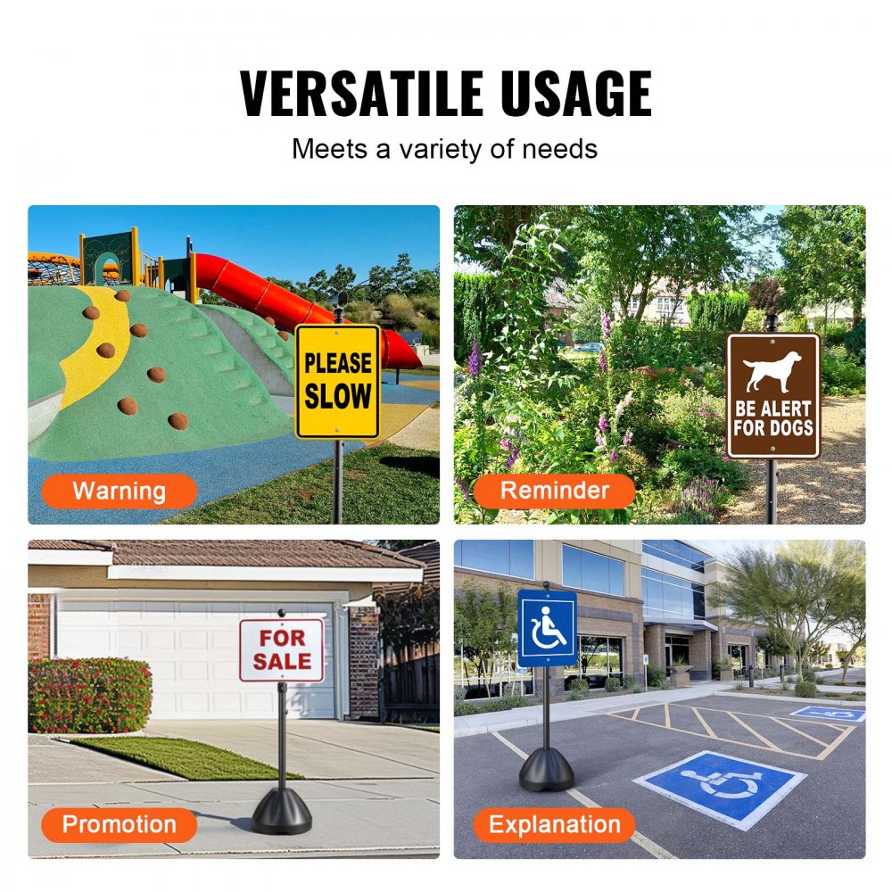 VEVOR Portable Sign Post 2-Pack 5 ft Sign Stands with Hard Plastic Base, for No Parking Street Signs, Handicap Parking Sign, Movable Sign Stand with Wheels, Hardwares, Heavy-Duty Q235 Steel, Black