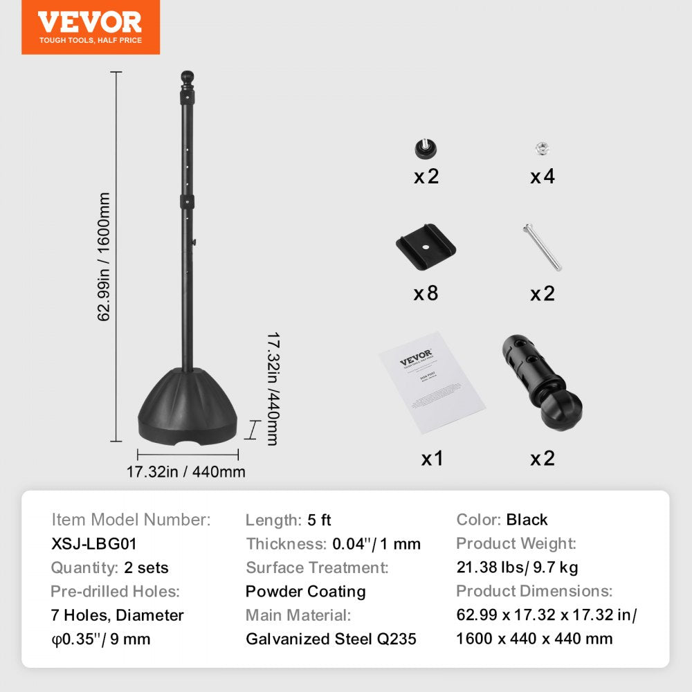 VEVOR Portable Sign Post 2-Pack 5 ft Sign Stands with Hard Plastic Base, for No Parking Street Signs, Handicap Parking Sign, Movable Sign Stand with Wheels, Hardwares, Heavy-Duty Q235 Steel, Black