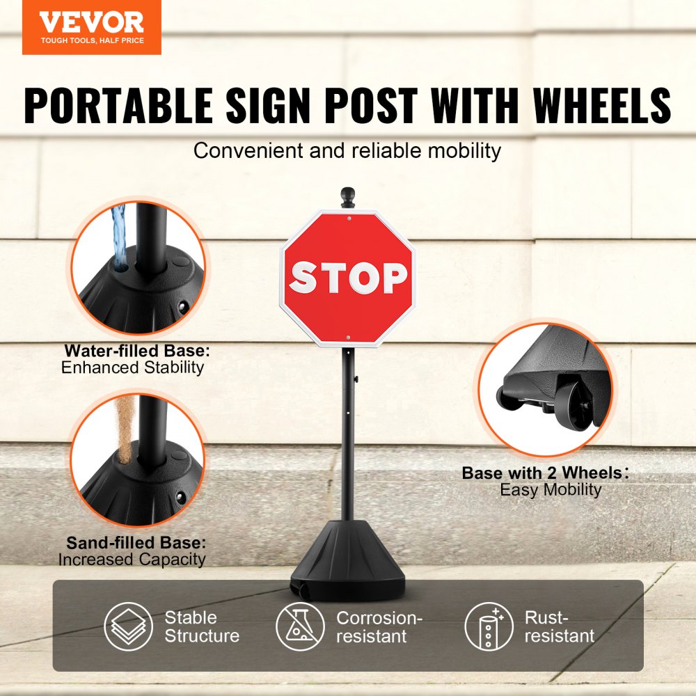 VEVOR Portable Sign Post, 5 ft Cast Iron Sign Post Holder with Hard Plastic Base & Wheels,  Movable Parking Sign Stand for No Parking Street Signs, Handicap Parking Sign,  with Base, Bolts Nuts, Black