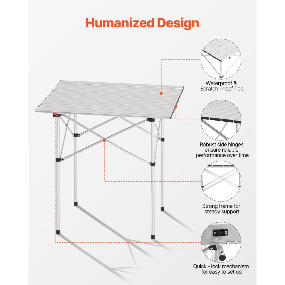VEVOR Folding Camping Table, Portable Roll Up Side Tables, Small Lightweight Aluminum Beach Table, Compact with Carry Bag, for Outdoor Cooking, Tailgating, Grilling, Picnic, Travel, Silver