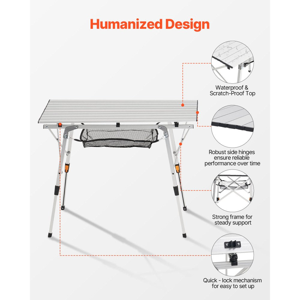 VEVOR Folding Camping Table, Portable Roll Up Side Tables, Lightweight Aluminum Beach Table with Adjustable Height, Top Mesh Layer and Carry Bag, For Outdoor BBQ Tailgating Picnic, Travel, Silver