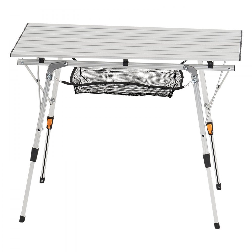 VEVOR Folding Camping Table, Portable Roll Up Side Tables, Lightweight Aluminum Beach Table with Adjustable Height, Top Mesh Layer and Carry Bag, For Outdoor BBQ Tailgating Picnic, Travel, Silver