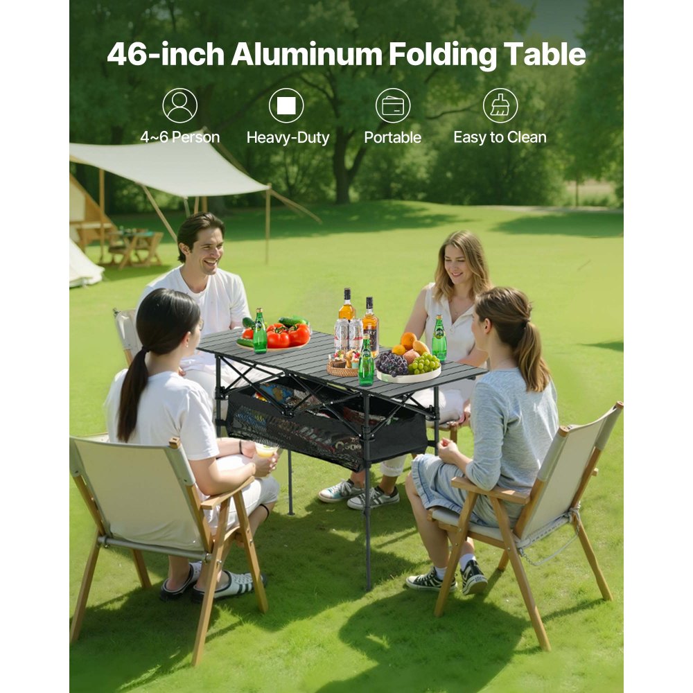 VEVOR Folding Camping Table, Portable Roll Up Side Tables, Lightweight Aluminum Beach Table with Adjustable Height, Large Storage Bag and Carry Bag, For Outdoor BBQ Tailgating Picnic, Travel, Black