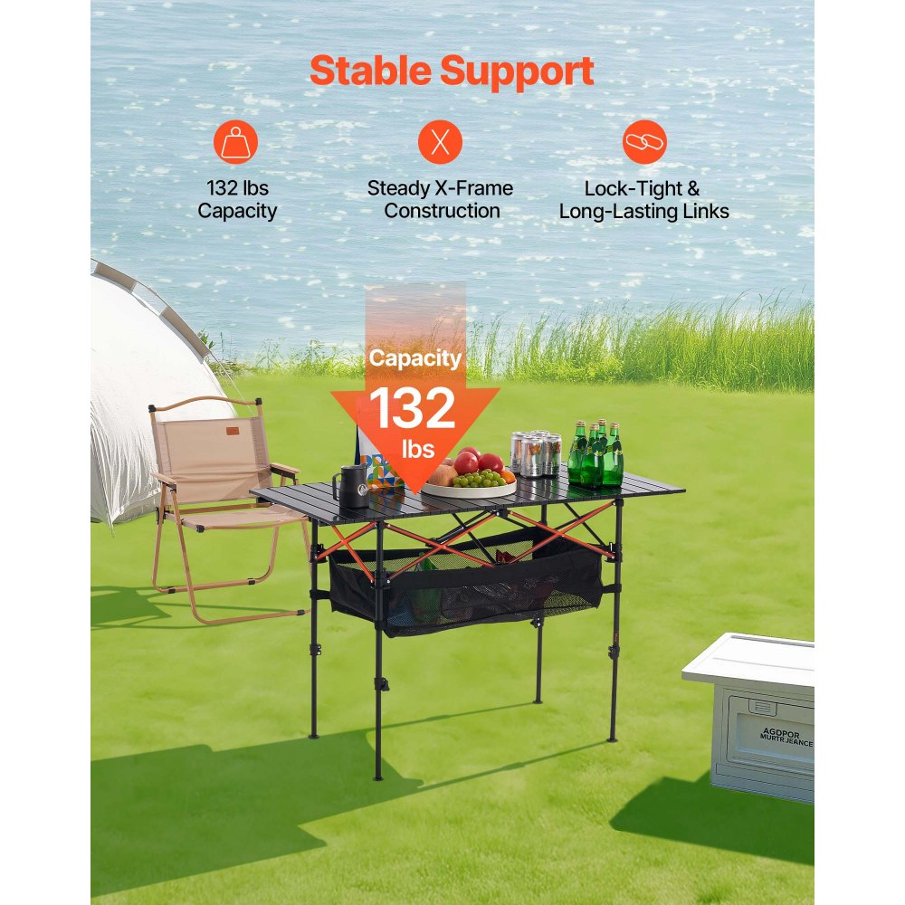 VEVOR Folding Camping Table, Portable Roll Up Side Tables, Lightweight Aluminum Beach Table with Adjustable Height, Large Storage Bag and Carry Bag, For Outdoor BBQ Tailgating Picnic, Travel, Black