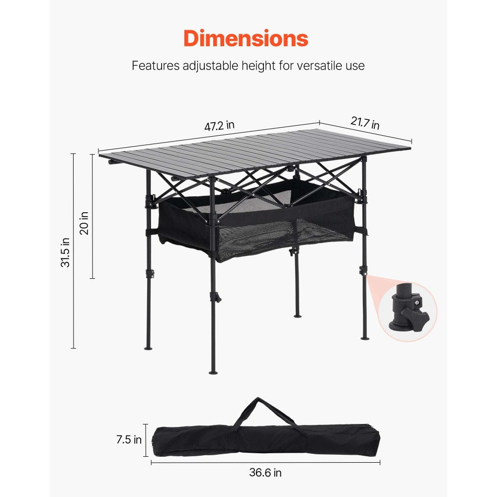 VEVOR Folding Camping Table, Portable Roll Up Side Tables, Lightweight Aluminum Beach Table with Adjustable Height, Large Storage Bag and Carry Bag, For Outdoor BBQ Tailgating Picnic, Travel, Black