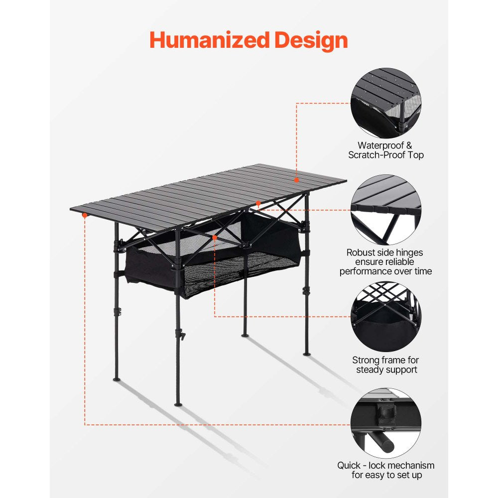 VEVOR Folding Camping Table, Portable Roll Up Side Tables, Lightweight Aluminum Beach Table with Adjustable Height, Large Storage Bag and Carry Bag, For Outdoor BBQ Tailgating Picnic, Travel, Black