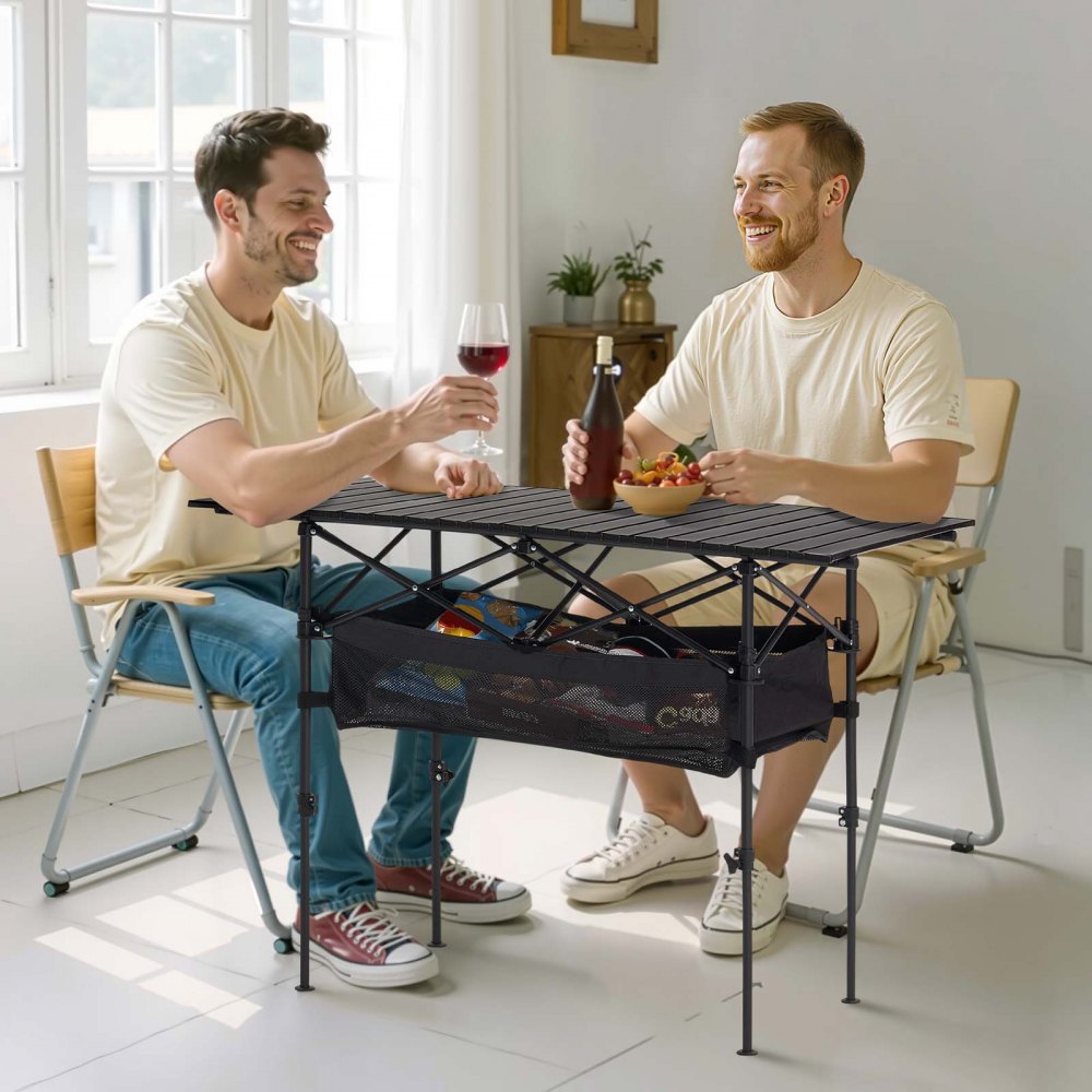VEVOR Folding Camping Table, Portable Roll Up Side Tables, Lightweight Aluminum Beach Table with Adjustable Height, Large Storage Bag and Carry Bag, For Outdoor BBQ Tailgating Picnic, Travel, Black