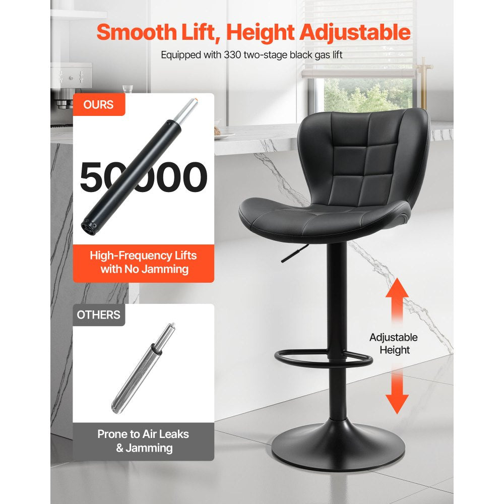 VEVOR Bar Stool Set of 2, Modern PU Leather Counter Height Stools, Swivel Kitchen Barstool with Back and Footrest, Height Adjustable Armless Bar Chair, Island Barstools for Kitchen, Dining Room, Black