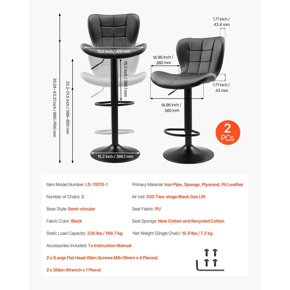 VEVOR Bar Stool Set of 2, Modern PU Leather Counter Height Stools, Swivel Kitchen Barstool with Back and Footrest, Height Adjustable Armless Bar Chair, Island Barstools for Kitchen, Dining Room, Black