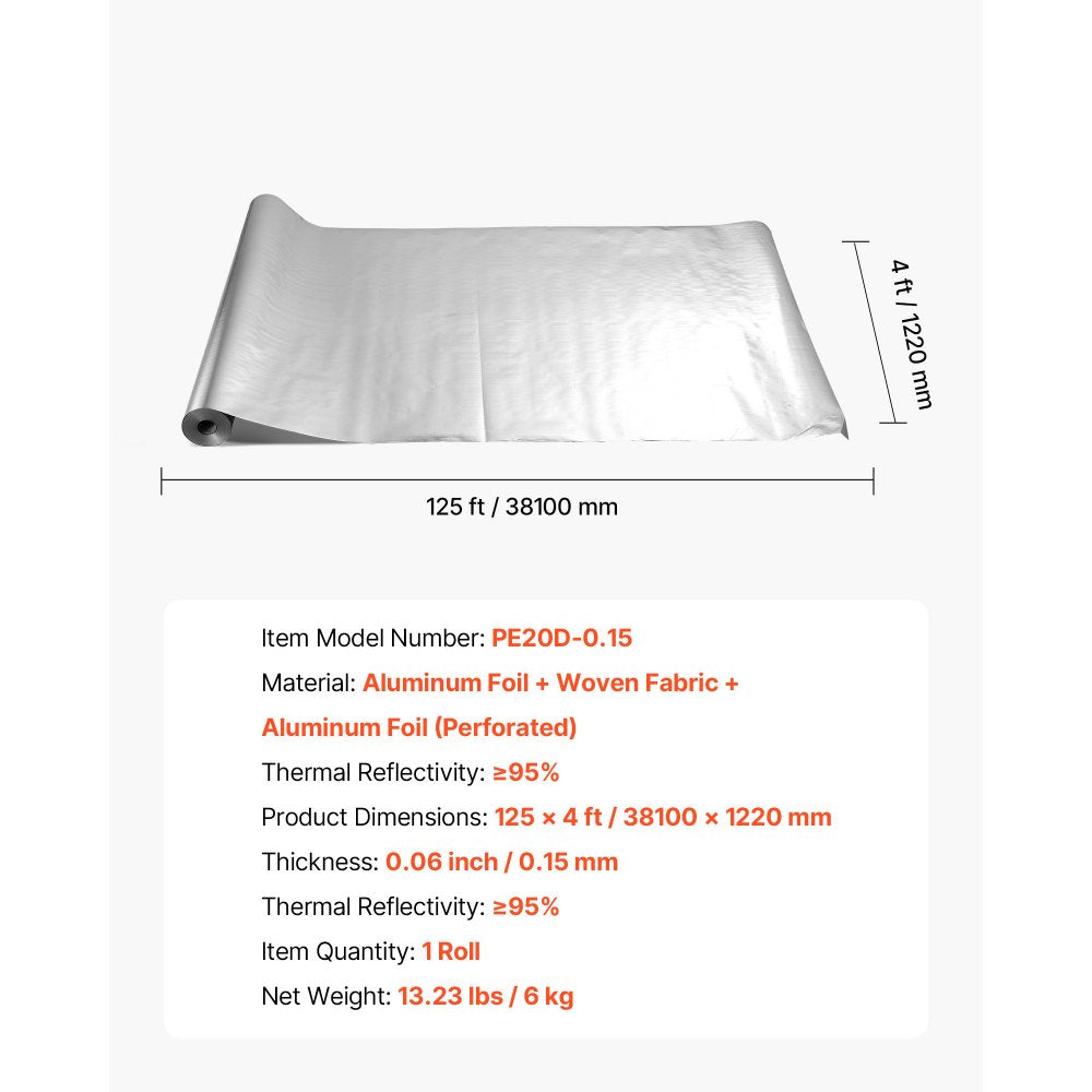 VEVOR Double Reflective Insulation Roll, Perforated Woven Fabric Radiant Barrier, 0.15mm 48 in x 125 ft, Double-Sided Aluminum Foil Heat Reflective Shield, Thermal Insulation Roll for Window RV Roof