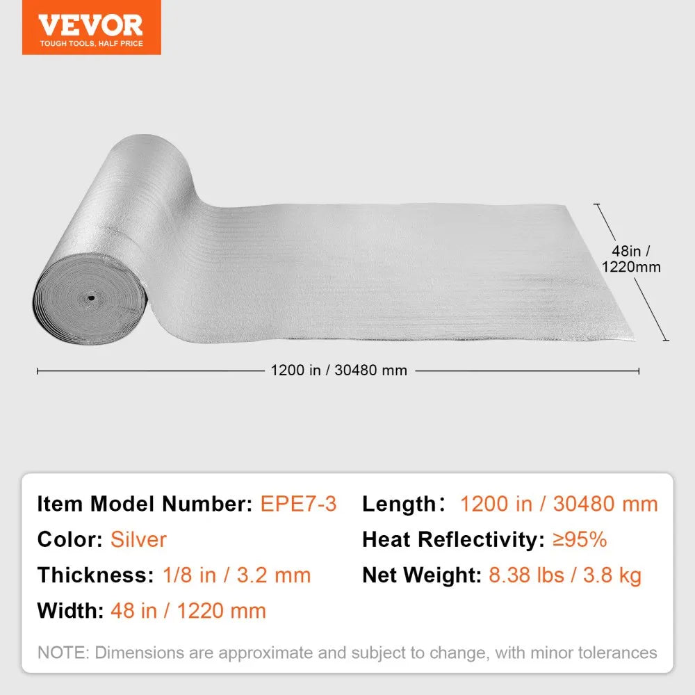 VEVOR Double Reflective Insulation Roll, Foam Core Radiant Barrier, 3.2 mm 48 in x 100 ft, Double-Sided Aluminum Foil EPE Foam Heat Reflective Shield, Thermal Insulation Roll for Window RV Roof
