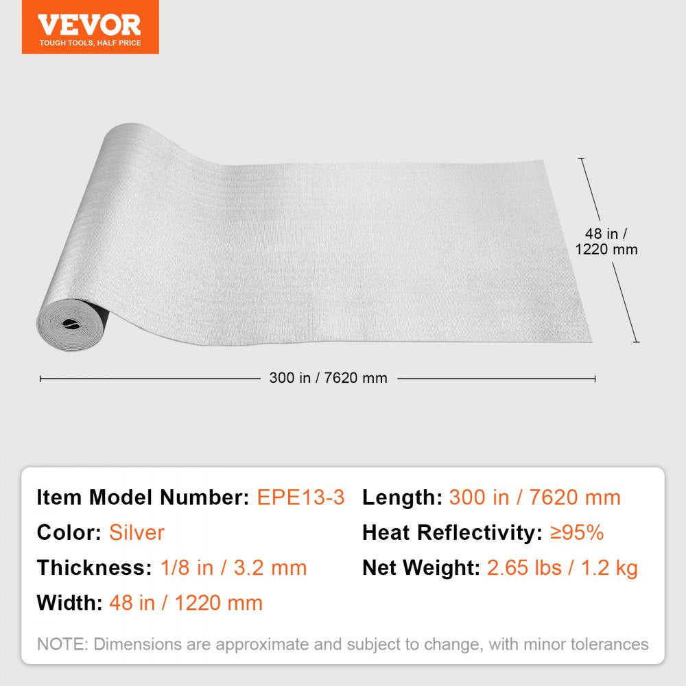 VEVOR Double Reflective Insulation Roll, Foam Core Radiant Barrier, 3.2 mm 48 in x 25 ft, Double-Sided Aluminum Foil EPE Foam Heat Reflective Shield, Thermal Insulation Roll for Window RV Roof