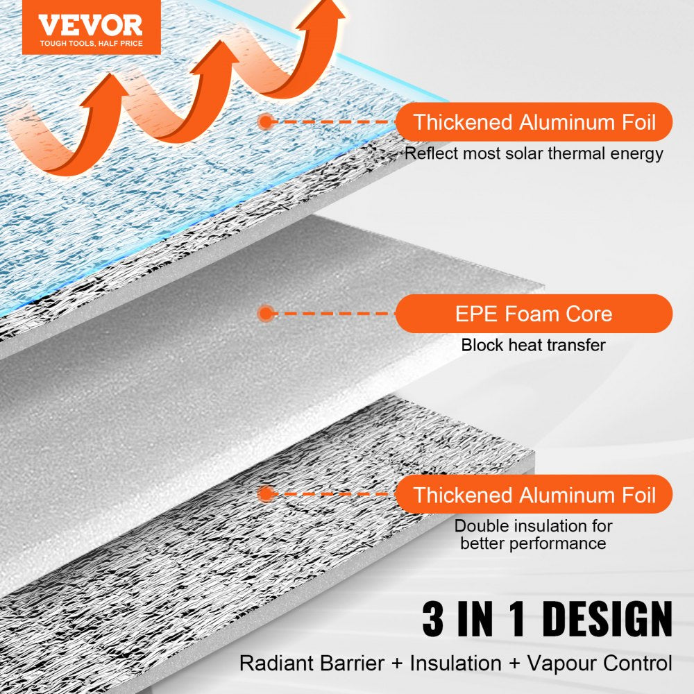 VEVOR Double Reflective Insulation Roll, Foam Core Radiant Barrier, 3.2 mm 48 in x 50 ft, Double-Sided Aluminum Foil EPE Foam Heat Reflective Shield, Thermal Insulation Roll for Window RV Roof