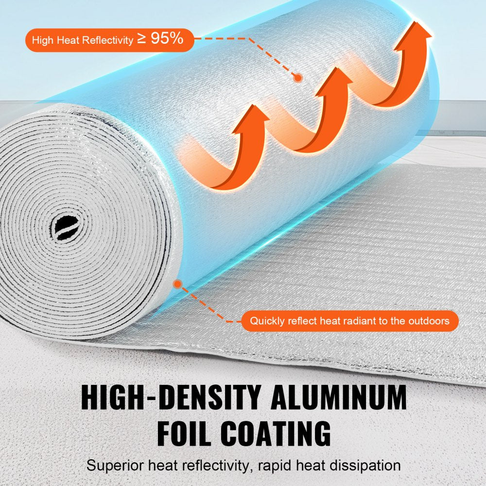 VEVOR Double Reflective Insulation Roll, Foam Core Radiant Barrier, 3.2 mm 48 in x 50 ft, Double-Sided Aluminum Foil EPE Foam Heat Reflective Shield, Thermal Insulation Roll for Window RV Roof