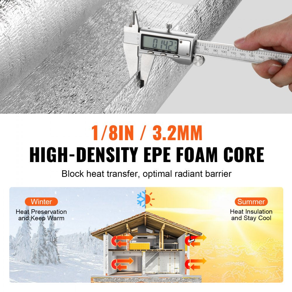 VEVOR Double Reflective Insulation Roll, Foam Core Radiant Barrier, 3.2 mm 48 in x 10 ft, Double-Sided Aluminum Foil EPE Foam Heat Reflective Shield, Thermal Insulation Roll for Window RV Roof