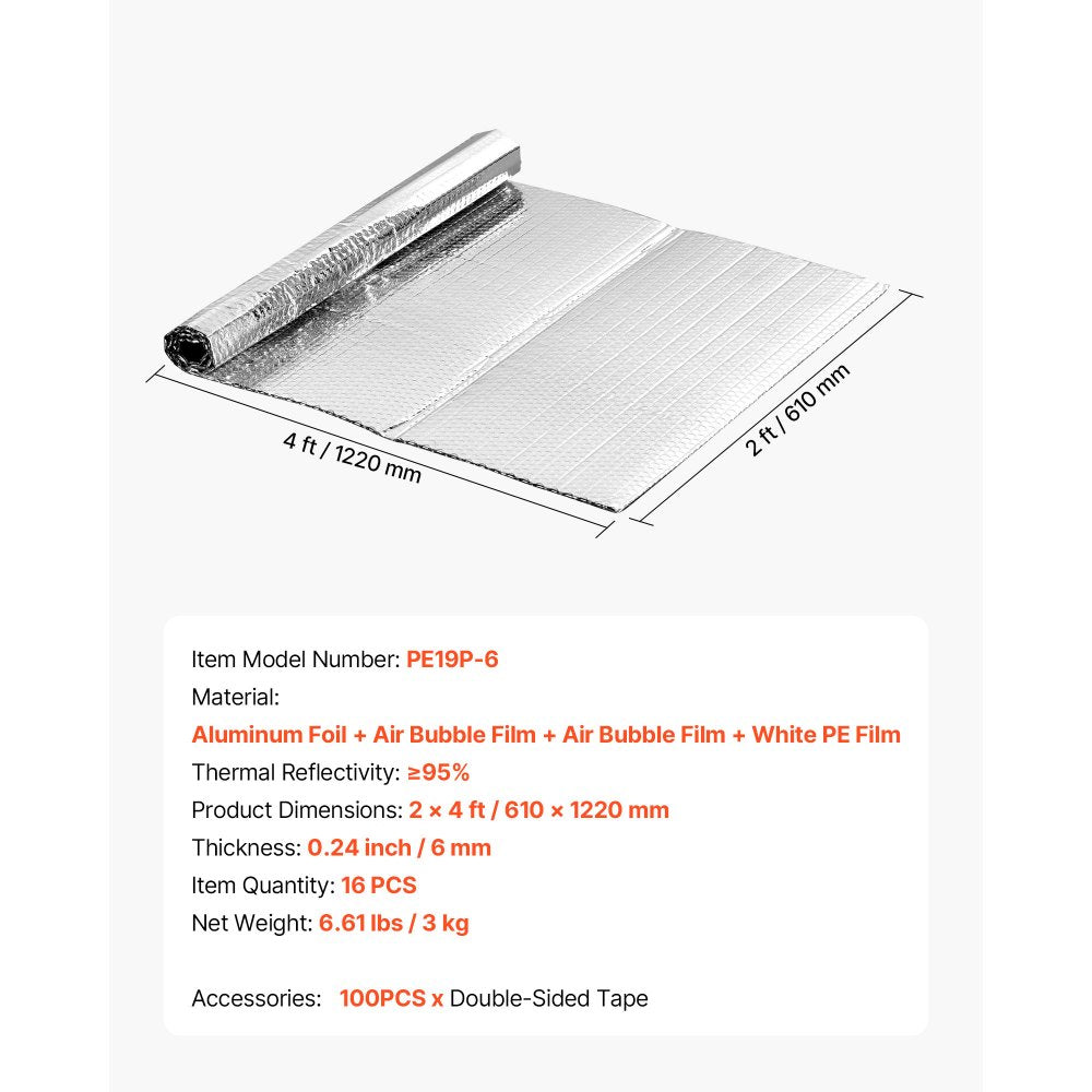 VEVOR Double Reflective Insulation Sheet, 16PCS Double-Sided Aluminum Foil Radiant Barrier, 6mm 24 in x 4 ft, Dual-Layer Air Bubble Heat Reflective Shield, Thermal Insulation Rolls