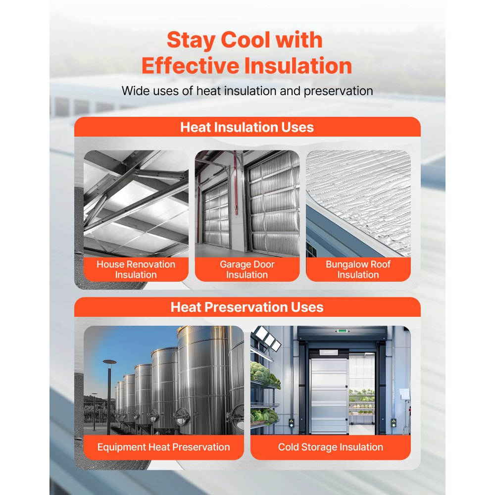 VEVOR Reflective Insulation Roll, Double-Layer Air Bubble Radiant Barrier, 6mm 48 in x 100 ft, Aluminum Foil White PE Film Heat Reflective Shield, Thermal Insulation Roll for Garage Door Window RV Roofs