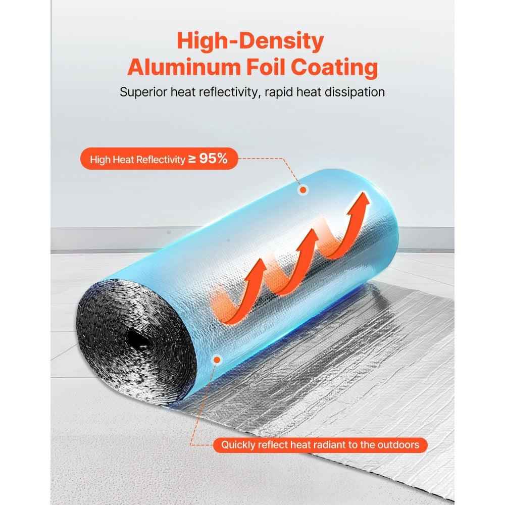 VEVOR Double Reflective Insulation Roll, Double-Sided Aluminum Foil Radiant Barrier, 6mm 48 in x 100 ft, Dual-Layer Air Bubble Heat Reflective Shield, Thermal Insulation Roll for Garage Door Window RV Roofs