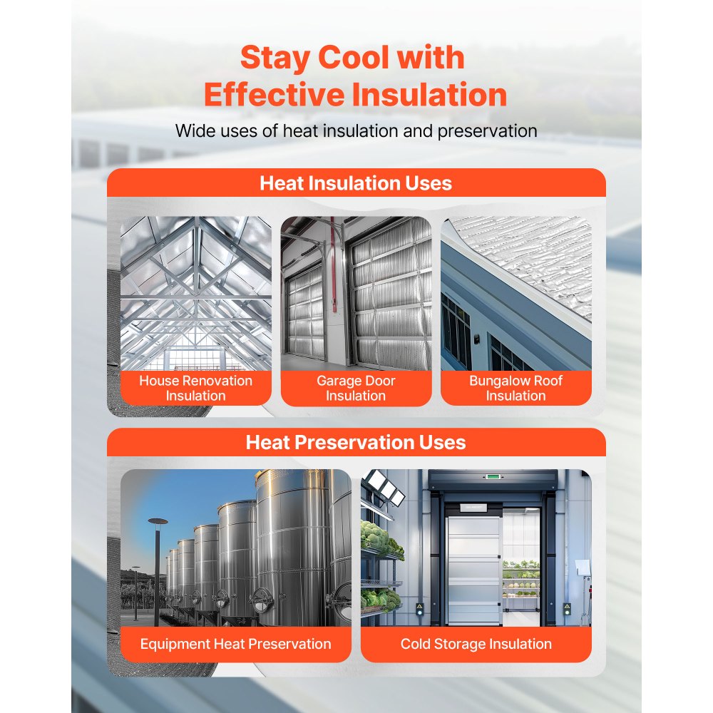 VEVOR Double Reflective Insulation Roll, Double-Sided Aluminum Foil Radiant Barrier, 6mm 48 in x 100 ft, Dual-Layer Air Bubble Heat Reflective Shield, Thermal Insulation Roll for Garage Door Window RV Roofs