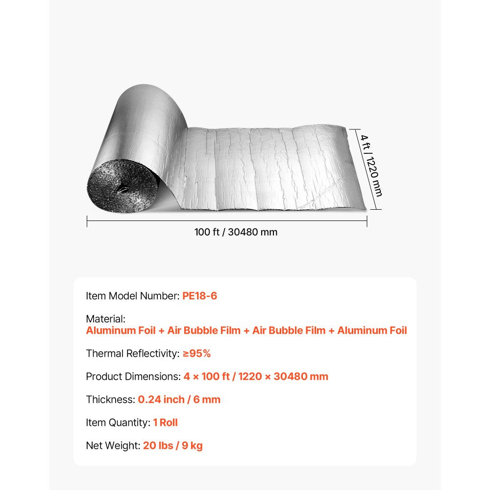 VEVOR Double Reflective Insulation Roll, Double-Sided Aluminum Foil Radiant Barrier, 6mm 48 in x 100 ft, Dual-Layer Air Bubble Heat Reflective Shield, Thermal Insulation Roll for Garage Door Window RV Roofs
