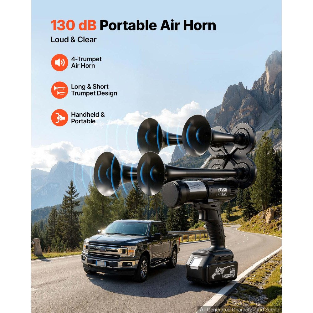 VEVOR Cordless 4-Trumpet Air Horn 130dB Train Air Horn & Built-in Air Pump, 18V 4Ah Lithium Battery, Powerful Sound, Strong Penetration, Handheld Portable for Vehicle Alerts, Holiday & Sporting Events