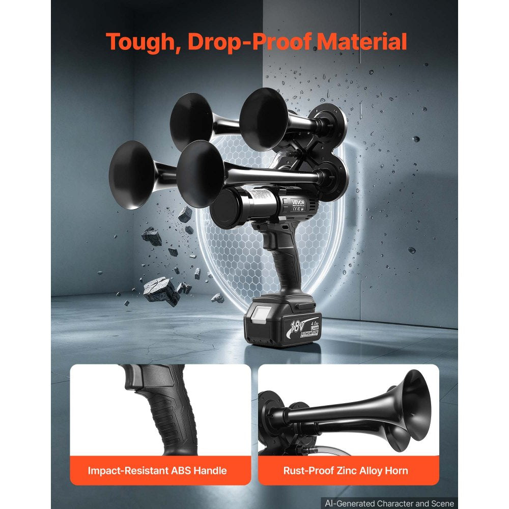VEVOR Cordless 4-Trumpet Air Horn 130dB Train Air Horn & Built-in Air Pump, 18V 4Ah Lithium Battery, Powerful Sound, Strong Penetration, Handheld Portable for Vehicle Alerts, Holiday & Sporting Events
