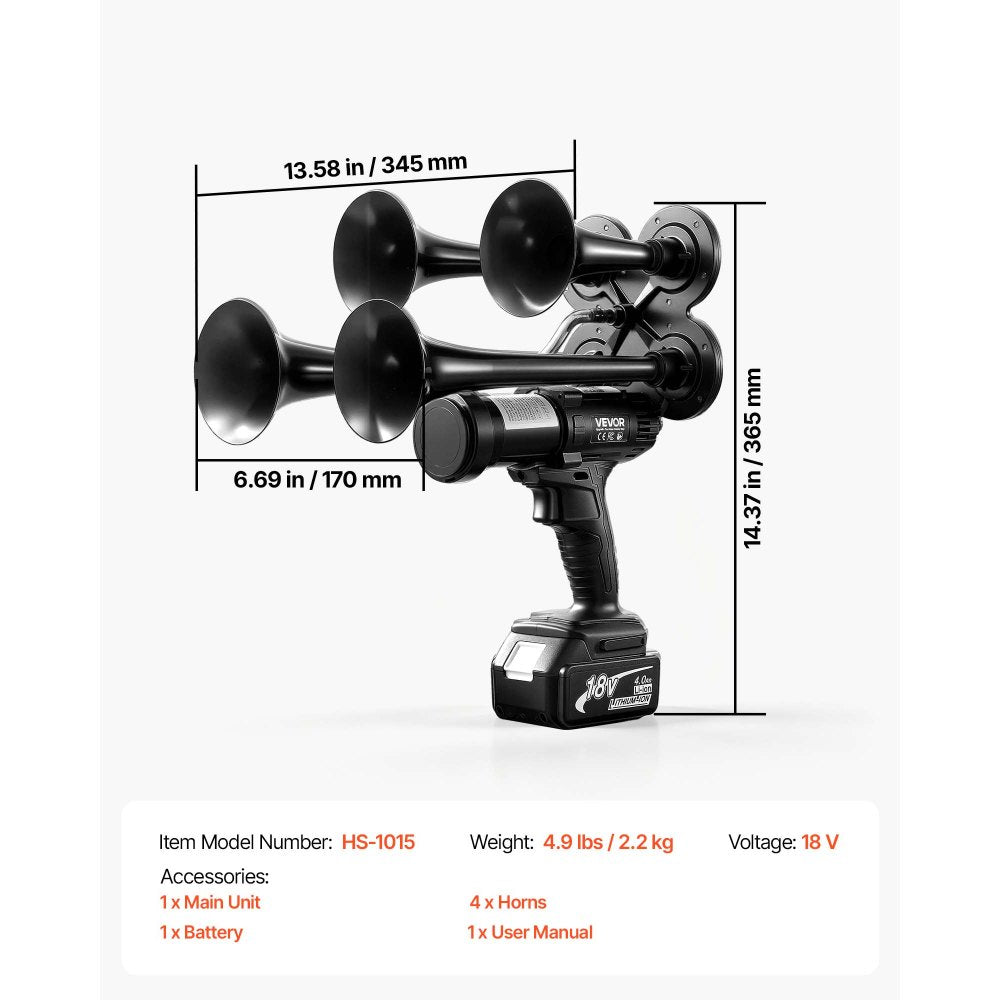 VEVOR Cordless 4-Trumpet Air Horn 130dB Train Air Horn & Built-in Air Pump, 18V 4Ah Lithium Battery, Powerful Sound, Strong Penetration, Handheld Portable for Vehicle Alerts, Holiday & Sporting Events