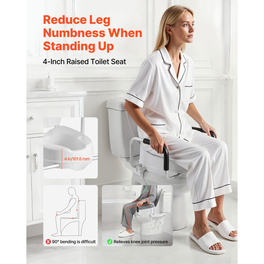 VEVOR Raised Toilet Seat with Arms, 300 lbs Load Capacity, 4-Inch Lift Height, Widened Commode Elevated Toilet Seat Riser with Padded Handles for Seniors, Elderly, Handicap, Disabled, and Adults Use