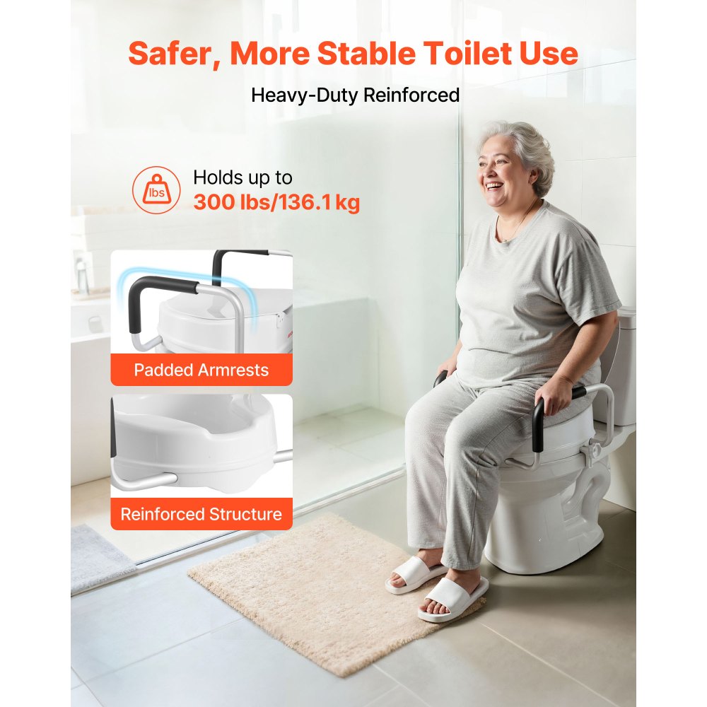 VEVOR Raised Toilet Seat with Arms, 300 lbs Load Capacity, 4-Inch Lift Height, Widened Commode Elevated Toilet Seat Riser with Padded Handles for Seniors, Elderly, Handicap, Disabled, and Adults Use