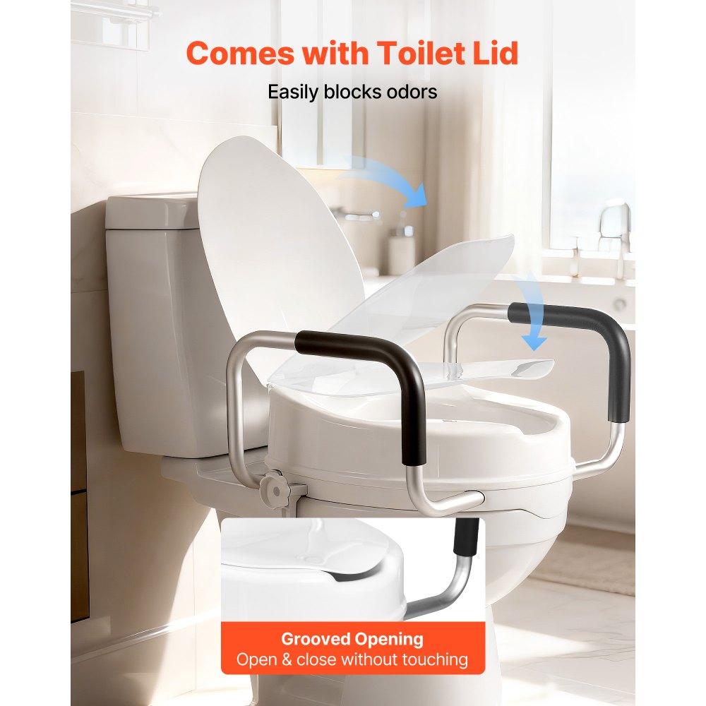 VEVOR Raised Toilet Seat with Arms, 300 lbs Load Capacity, 4-Inch Lift Height, Widened Commode Elevated Toilet Seat Riser with Padded Handles for Seniors, Elderly, Handicap, Disabled, and Adults Use