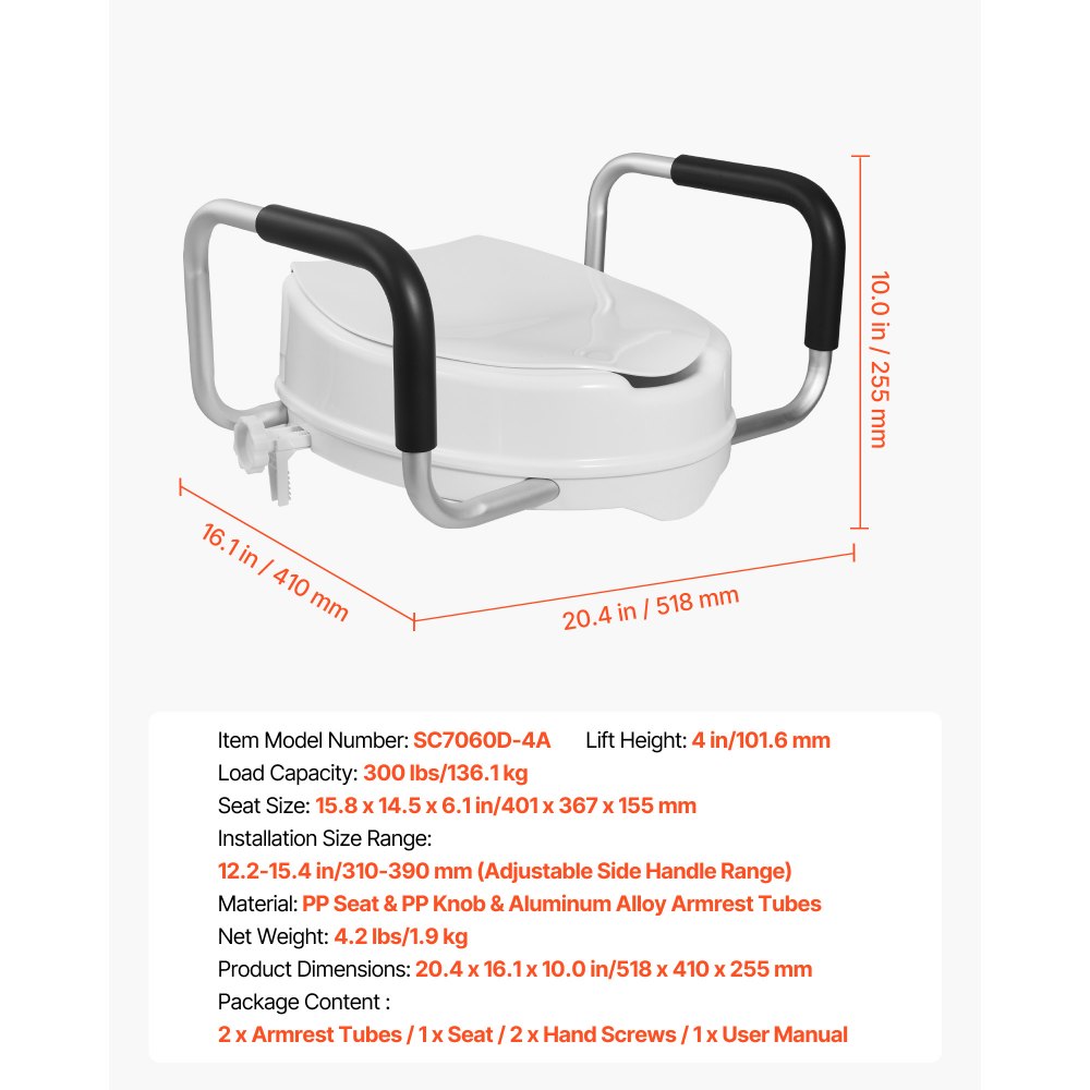 VEVOR Raised Toilet Seat with Arms, 300 lbs Load Capacity, 4-Inch Lift Height, Widened Commode Elevated Toilet Seat Riser with Padded Handles for Seniors, Elderly, Handicap, Disabled, and Adults Use