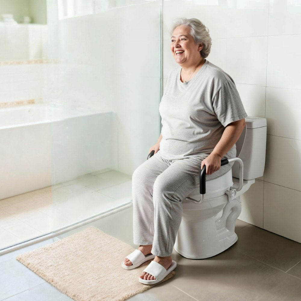 VEVOR Raised Toilet Seat with Arms, 300 lbs Load Capacity, 4-Inch Lift Height, Widened Commode Elevated Toilet Seat Riser with Padded Handles for Seniors, Elderly, Handicap, Disabled, and Adults Use