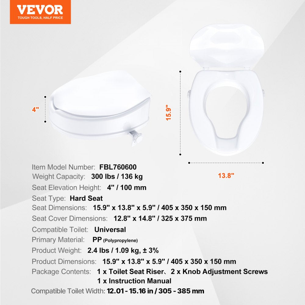 VEVOR Raised Toilet Seat, 4" Height Raised, 300 lbs Weight Capacity, Universal Toilet Seat Riser, Screw Rod Locking, with Toilet Seat, for Elderly, Handicap, Patient, Pregnant, Medical