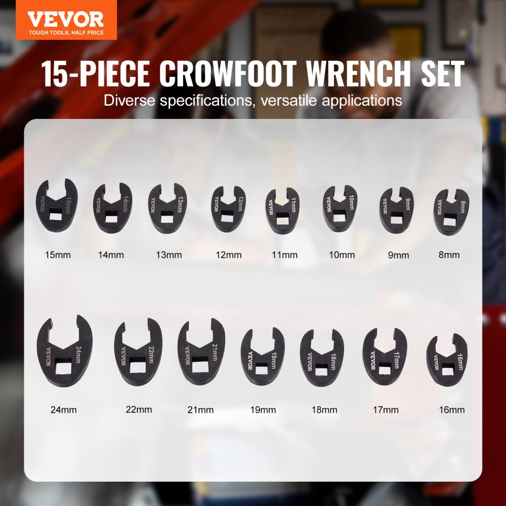 VEVOR Crowfoot Wrench Set, 1/2" and 3/8" Drive 15-Piece Crows Foot Wrench Set with PP Storage Case,  Metric 8-24 mm, CRMO Steel and  Manganese Phosphate Finish, for Mechanical Maintenance or Repairs