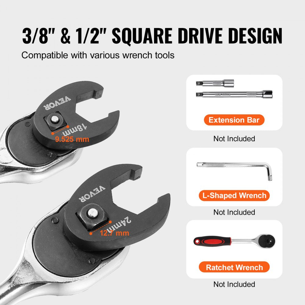 VEVOR Crowfoot Wrench Set, 1/2" and 3/8" Drive 15-Piece Crows Foot Wrench Set with PP Storage Case,  Metric 8-24 mm, CRMO Steel and  Manganese Phosphate Finish, for Mechanical Maintenance or Repairs
