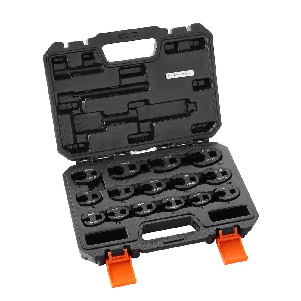 VEVOR Crowfoot Wrench Set, 1/2" and 3/8" Drive 15-Piece Crows Foot Wrench Set with PP Storage Case,  Metric 8-24 mm, CRMO Steel and  Manganese Phosphate Finish, for Mechanical Maintenance or Repairs