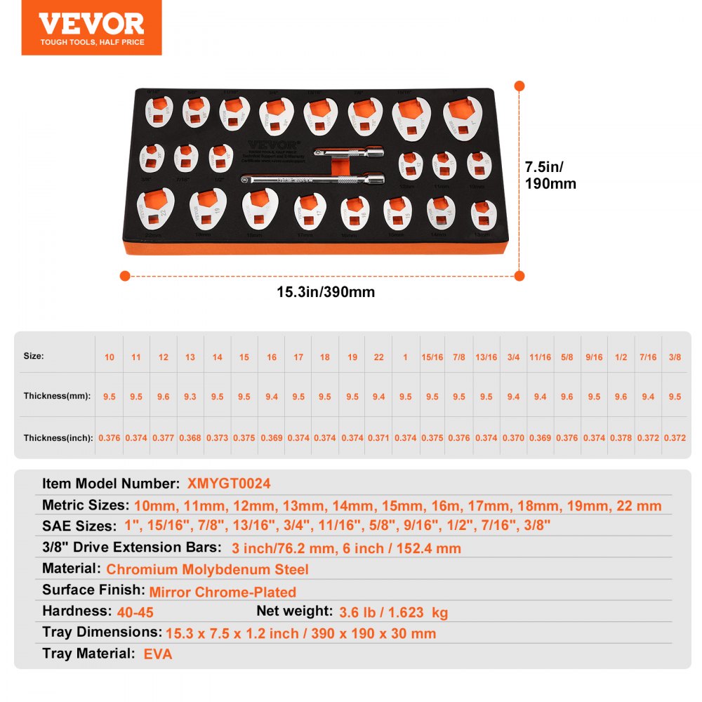 VEVOR 3/8" Drive Crowfoot Wrench Set with 2 Extension Bars, 24-Piece Crows Foot Wrench Set, SAE  3/8"-1" and Metric 10-22 mm, CR-MO Steel Crowfoot Wrench Set, with EVA Tool Organizer