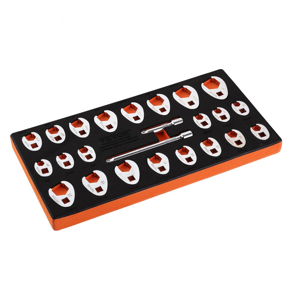 VEVOR 3/8" Drive Crowfoot Wrench Set with 2 Extension Bars, 24-Piece Crows Foot Wrench Set, SAE  3/8"-1" and Metric 10-22 mm, CR-MO Steel Crowfoot Wrench Set, with EVA Tool Organizer