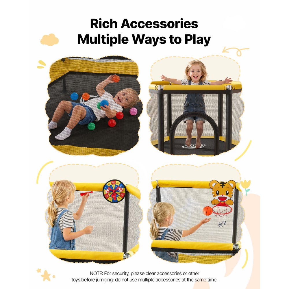 VEVOR Trampoline for Kids, Toddler Mini Trampoline, 132 lbs Capacity Indoor Outdoor Play Toys with Enclosure Net and Basketball Hoop, Easy to Assemble, Christmas Toys Birthday Gifts for Girls Boys