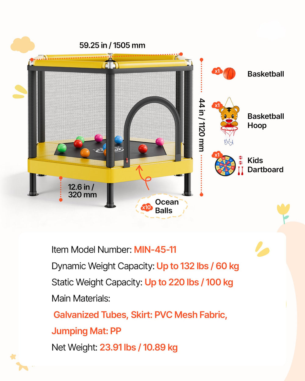 VEVOR Trampoline for Kids, Toddler Mini Trampoline, 132 lbs Capacity Indoor Outdoor Play Toys with Enclosure Net and Basketball Hoop, Easy to Assemble, Christmas Toys Birthday Gifts for Girls Boys