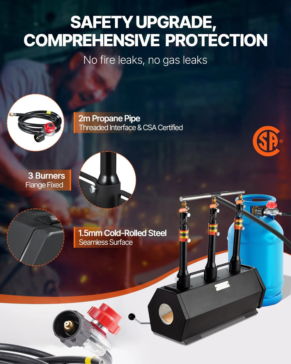 VEVOR Portable Propane Forge, 3 Burners, 2600℉ Tool and Knife Making Blacksmithing Farrier Forge, Large Capacity Hexagon, Cold-Rolled Steel Gas Forging Tools and Equipment, Use for Metal Forging